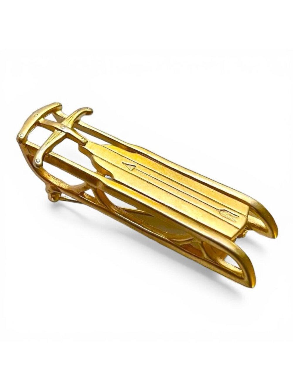 Vintage Winter Sled Brooch Gold Tone Novelty 2" Lapel Pin Holiday Christmas